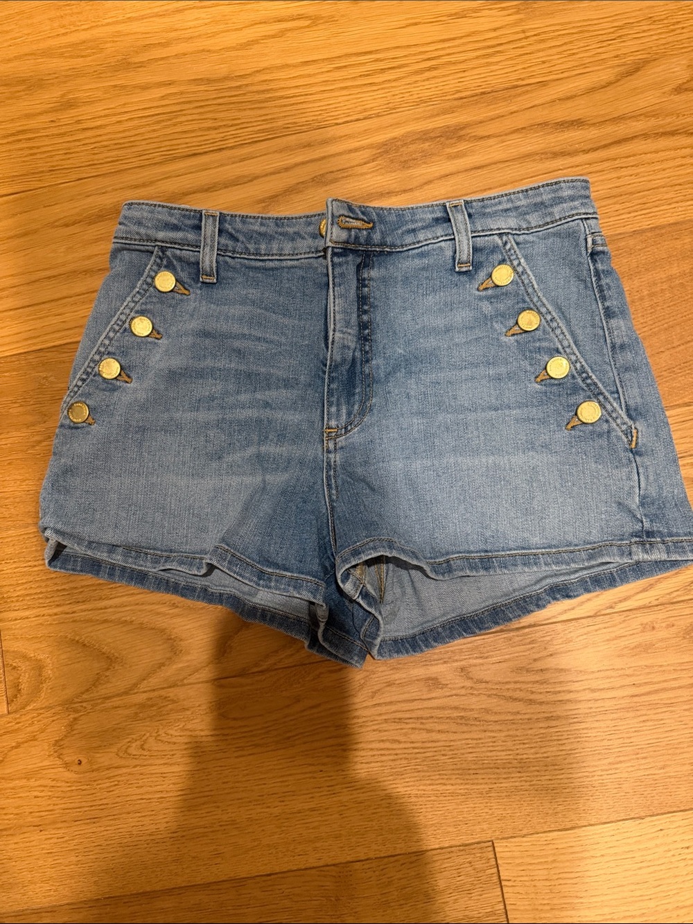 Ramy Brook Light Blue Denim Shorts with Gold Buttons